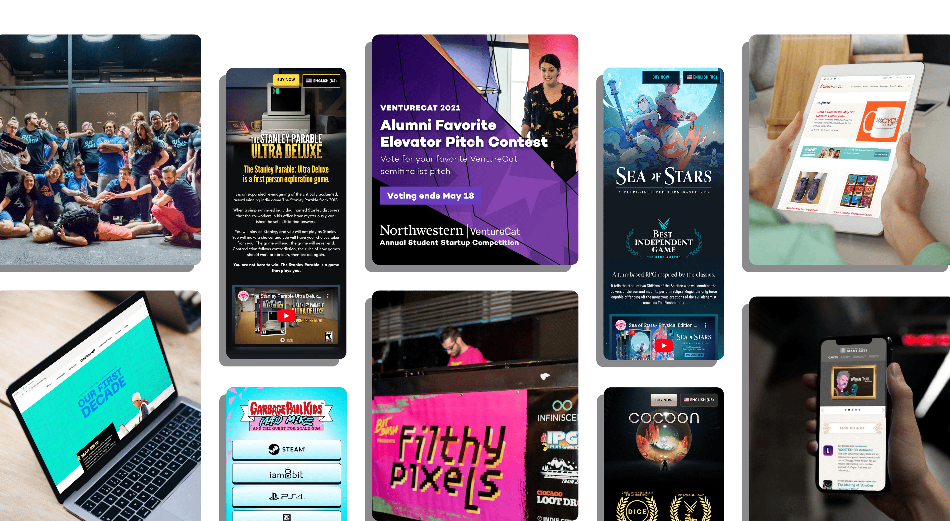 Screenshots aligned in a grid displaying past projects.